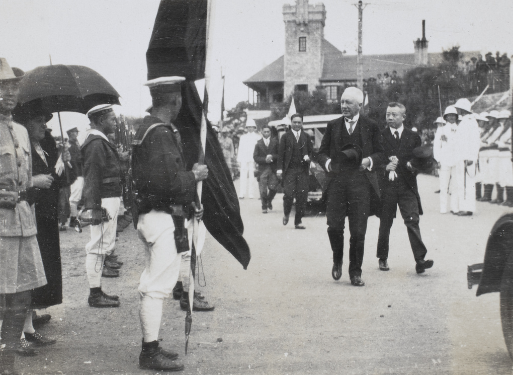 Sir Reginald Johnson passing the Chinese guard of honour, Weihai, 1930