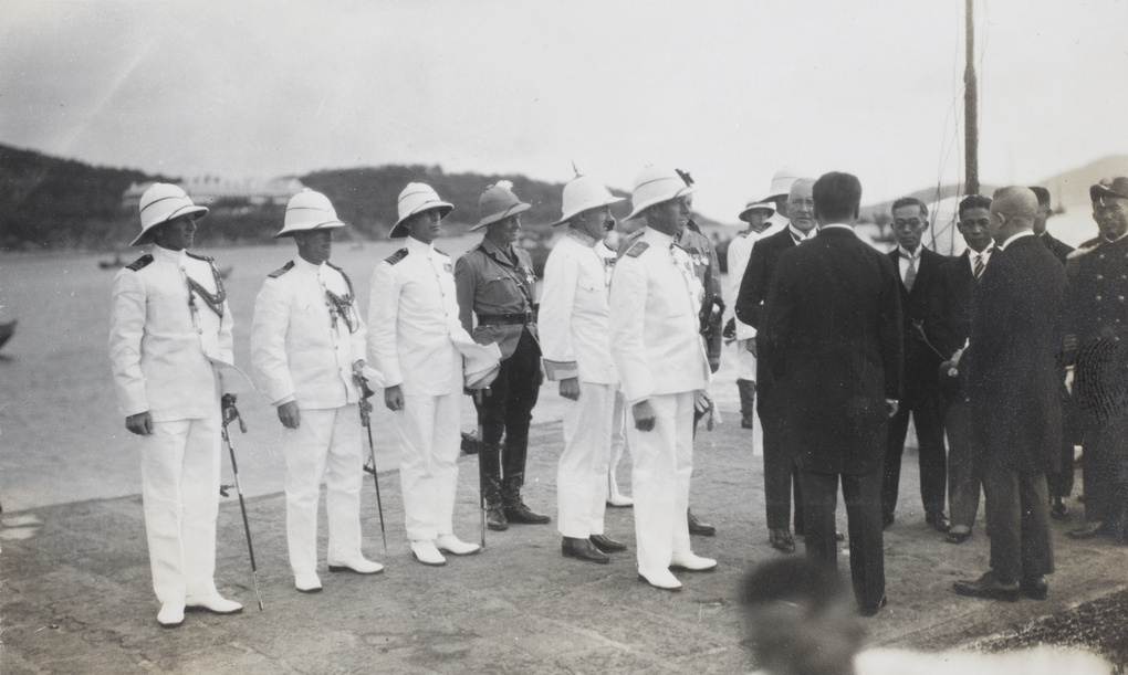 Sir Reginald Johnson at the dock before departure from the ceremony of rendition of Wei-hai-wei, 1930