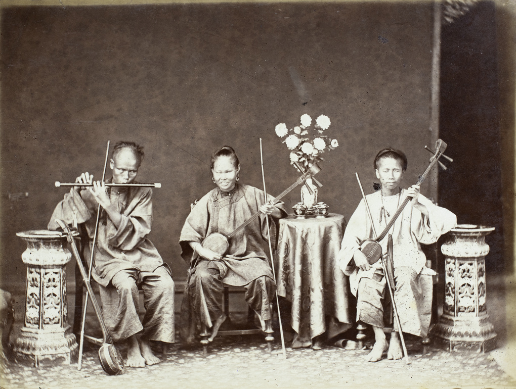 Studio photograph of three Chinese musicians with Chinese flute and Erhu (二胡), Hong Kong