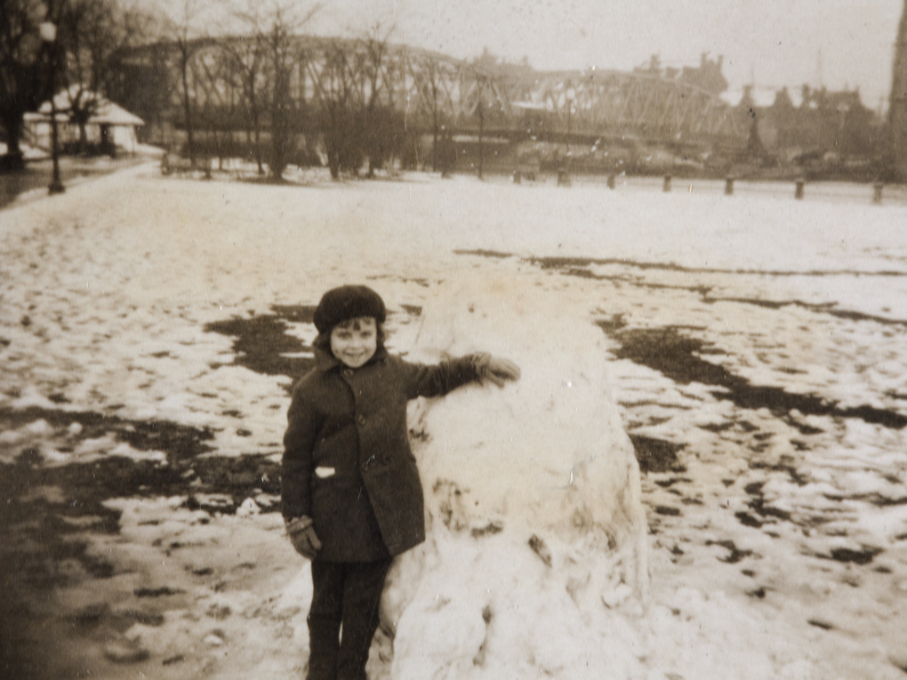 Marjorie Ephgrave and snow mound, Public Garden, Shanghai, January 1931