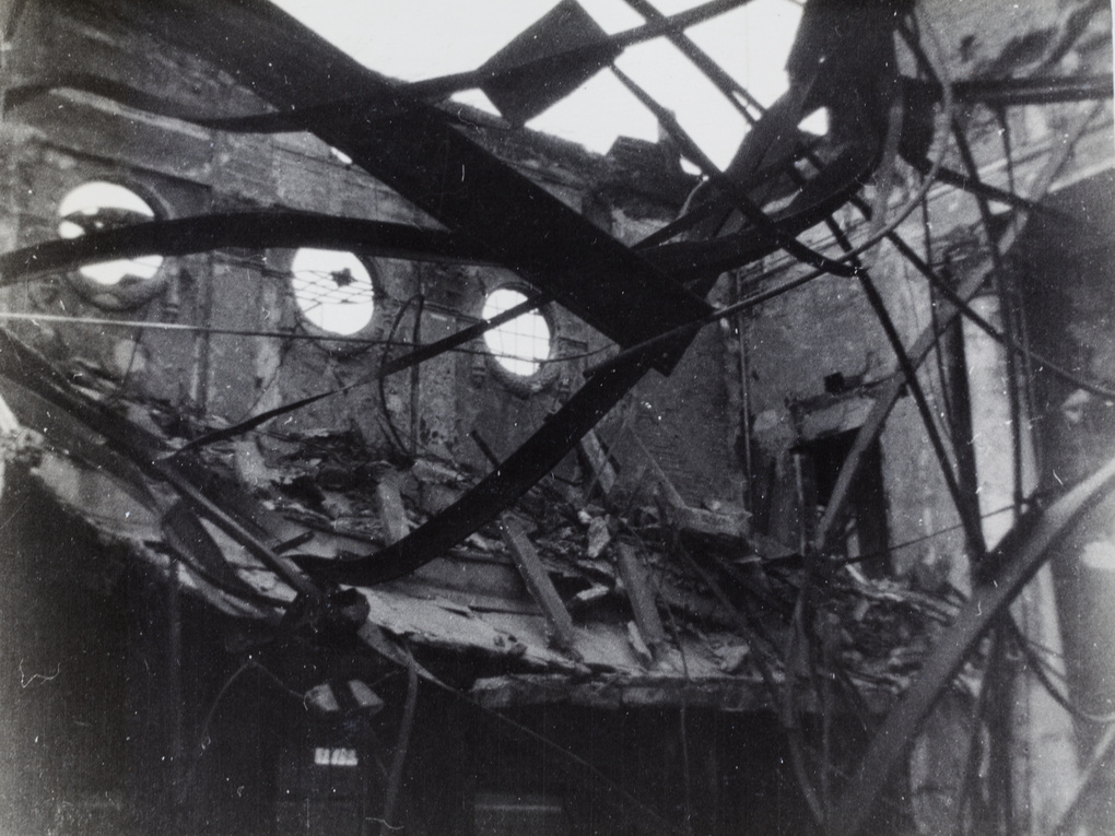 Interior of bomb damaged Odeon Theatre (cinema), Shanghai, 1932