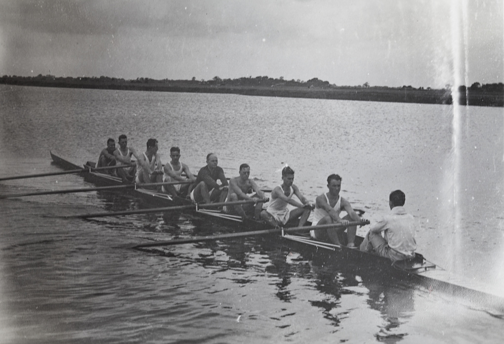 Men's eight sweep rowing on the Huangpu river, near Shanghai