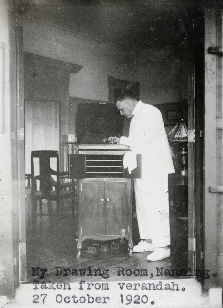 Hedgeland with his record player, Commissioner's House, Nanning