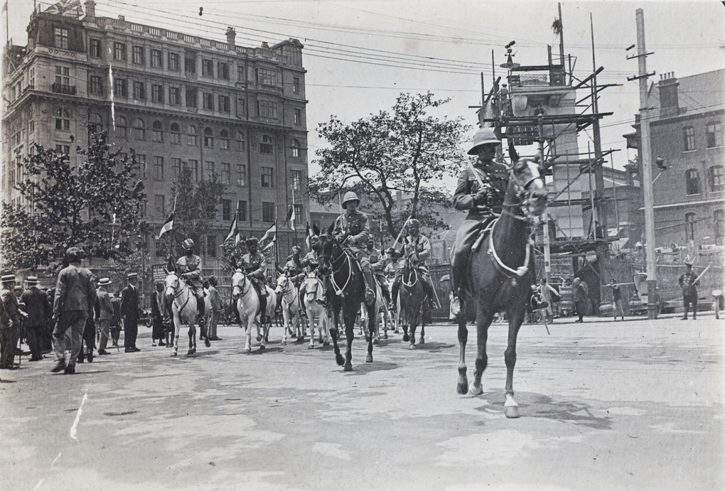 British officers and Bengal Lancers on horseback, Empire Day Parade, Shanghai, 1920
