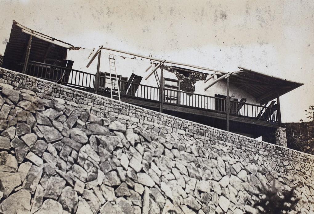 Typhoon damage to summer house roof, Moganshan, August 1923