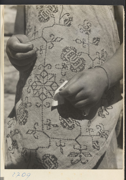 Child wearing an apron with cross-stitch embroidery in Lo-pu-ch'iao Village [sic] in the Jumahe Valley