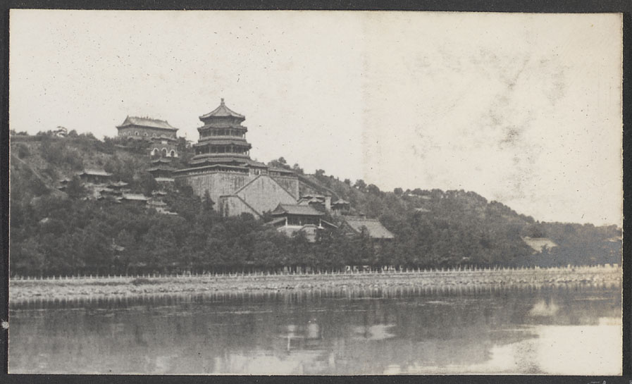 Summer Palace.  [View of Wanhshou Hill showing Zhi hui hai (top left), tower of Fo xiang ge, and Kunming Lake.]