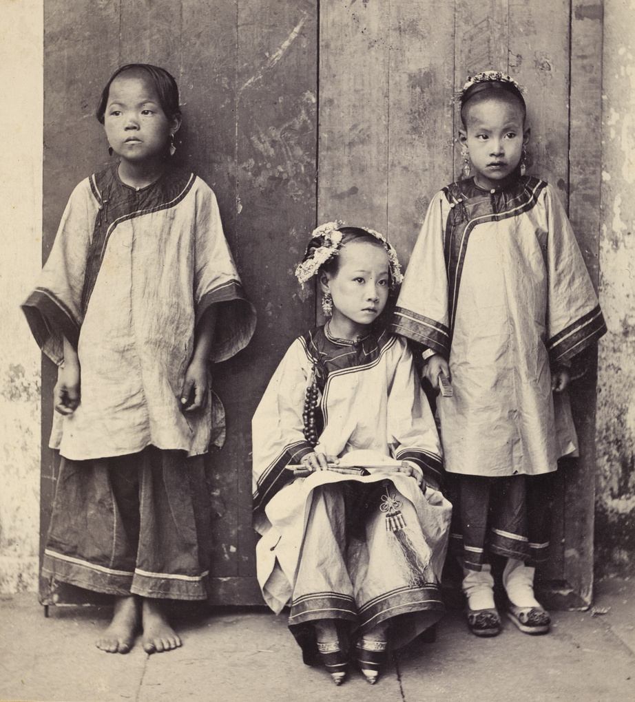 The fate and feet of three Chinese girls - a bare footed slave, a girl with bound feet, and a Christian with unbound feet | Historical Photographs of China