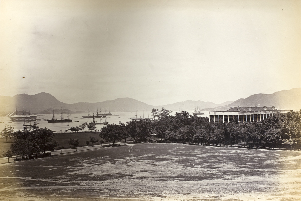 View of ships in the harbour and Murray House, Hong Kong