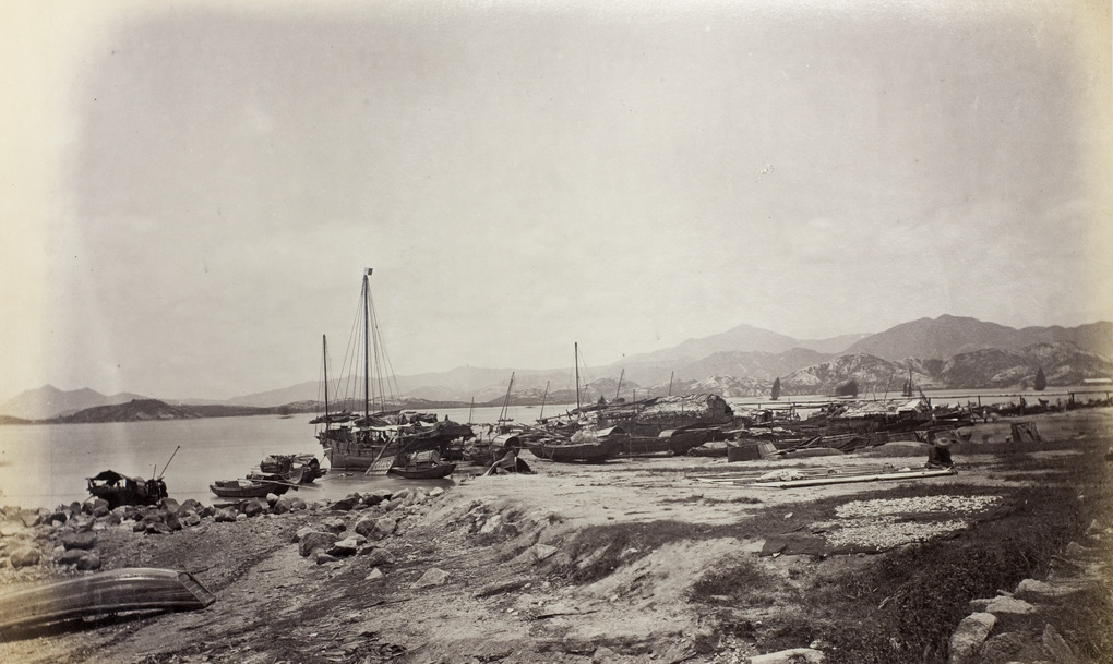 Chinese junks on shore of East Point, Hong Kong