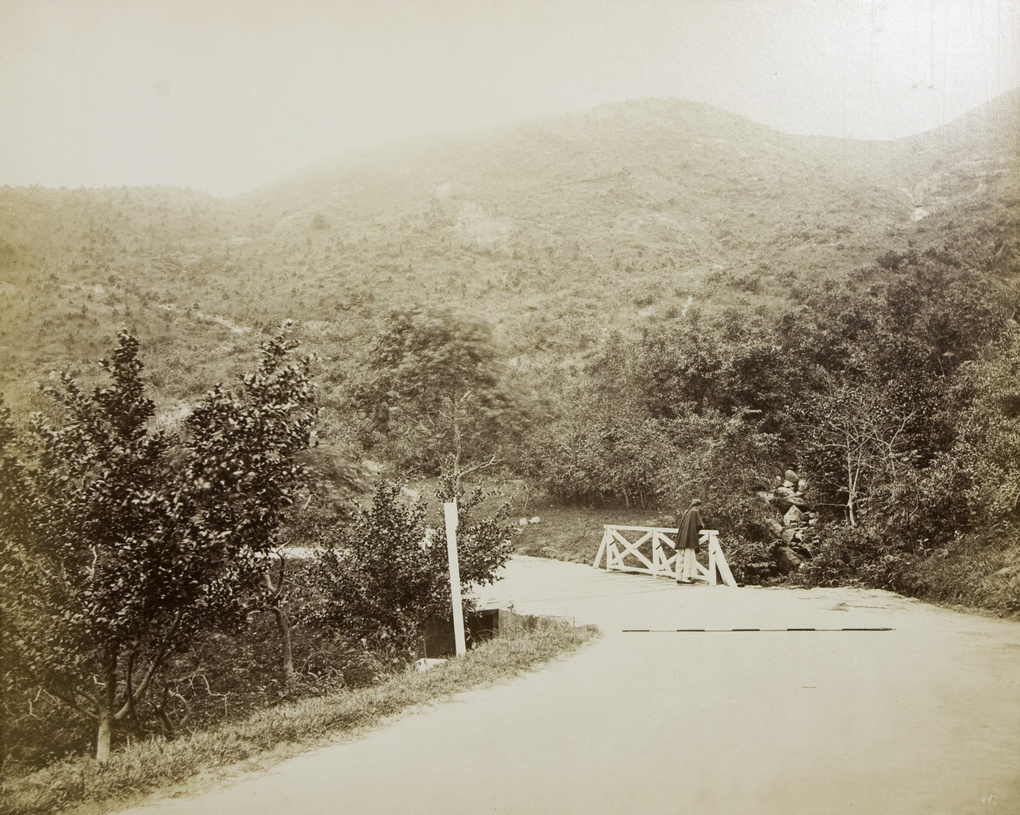 A Chinese man leaning over the bridge to look at a brook, Hong Kong