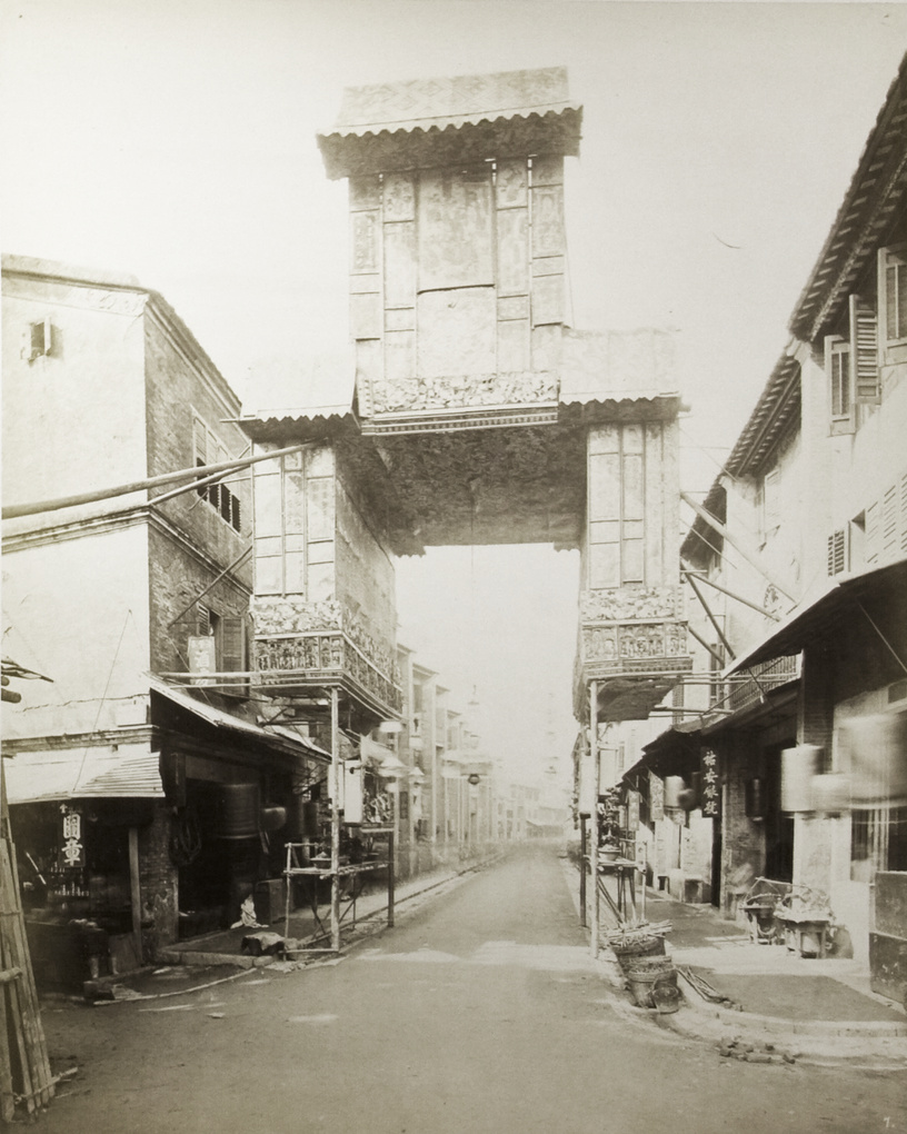 A Chinese street and the temporary decorative gateway, Hong Kong
