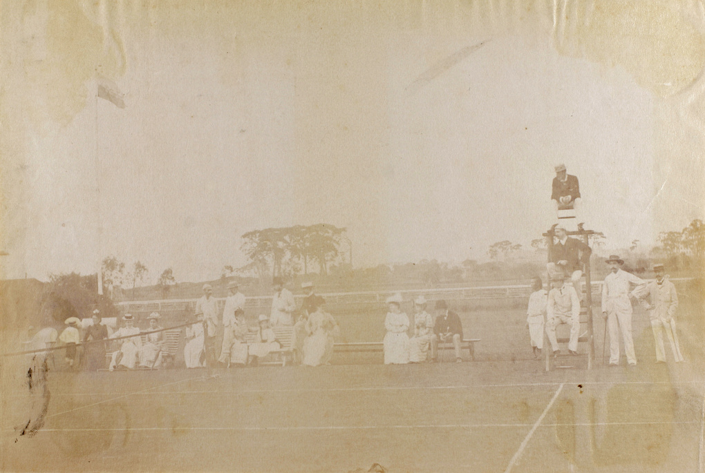 Umpire and spectators at a tennis match, Foochow