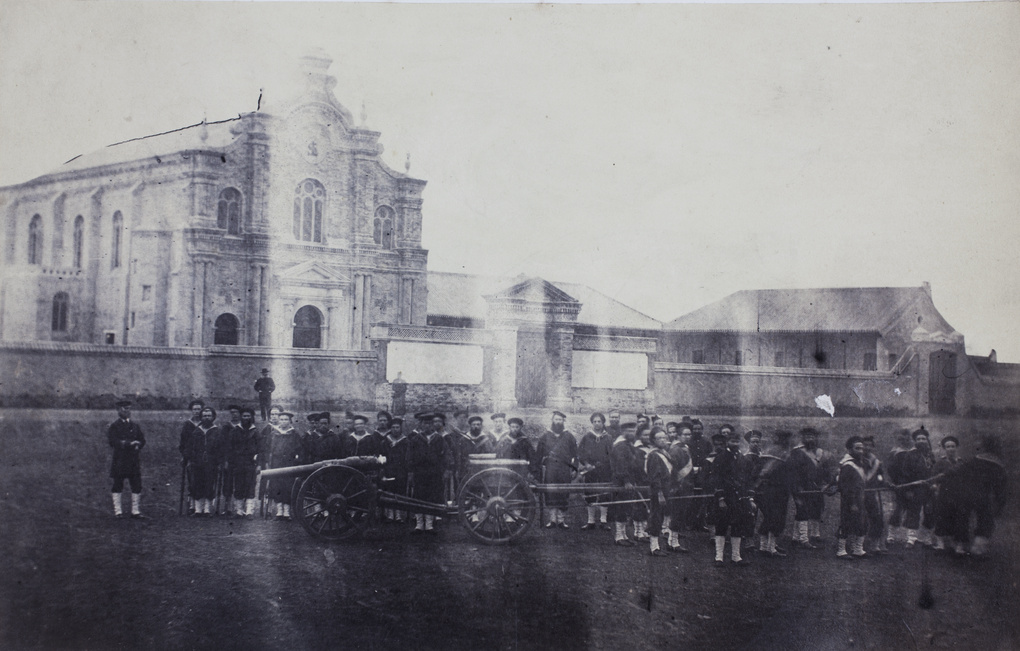 Crew of HMS Thistle on parade, by the Église Saint-Louis, Tientsin