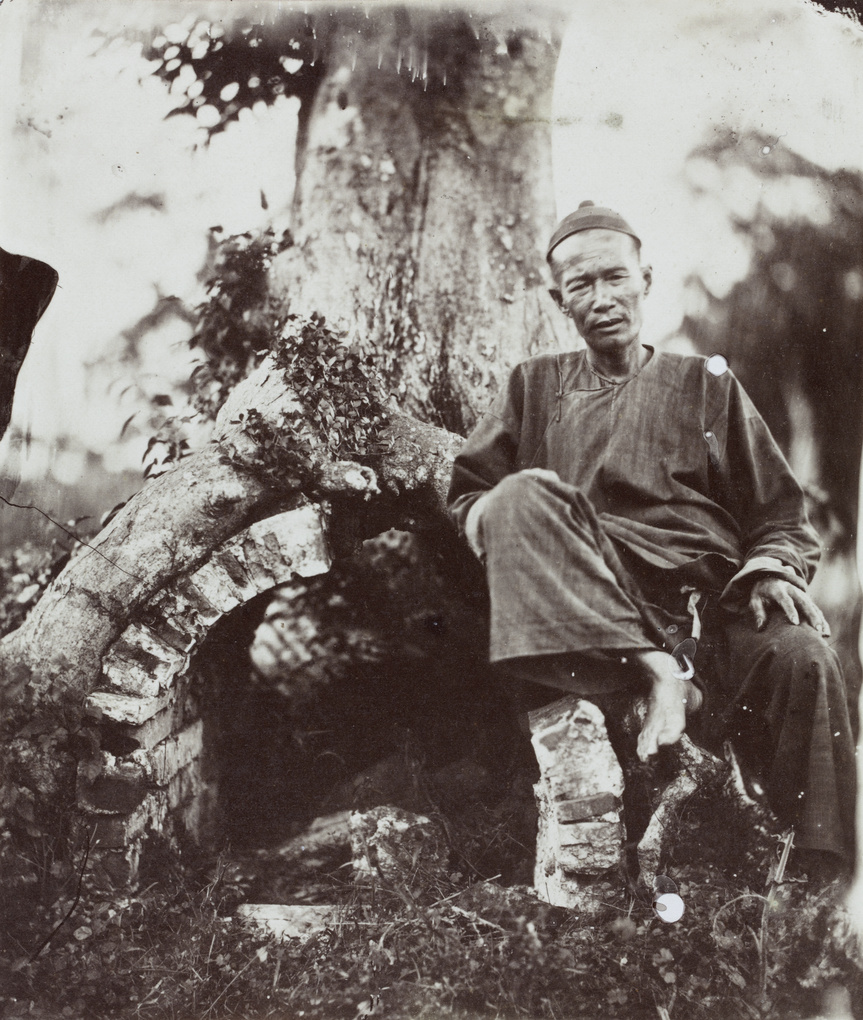 A man beside an old grave in the roots of a tree at Grove Hill (細林山), Shanghai