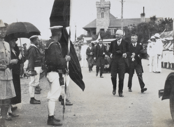 Sir Reginald Johnson passing the Chinese guard of honour, Weihai, 1930