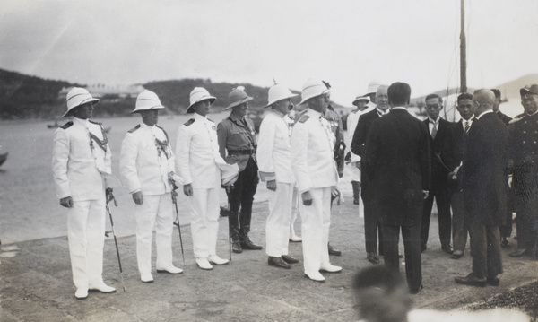 Sir Reginald Johnson at the dock before departure from the ceremony of rendition of Wei-hai-wei, 1930