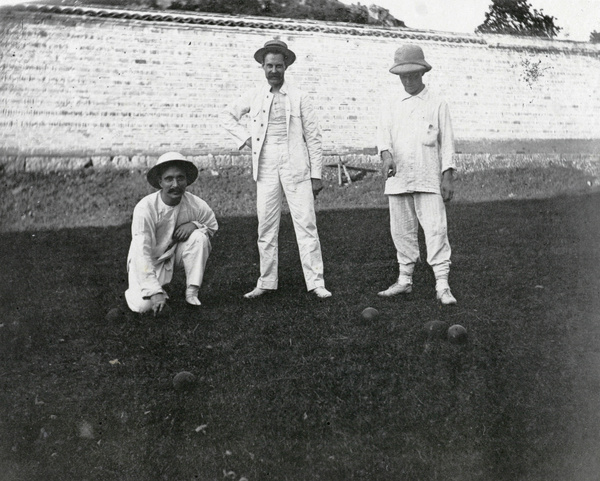 Rev. F. Child, Cunningham and Stevens playing bowls, Kweilin