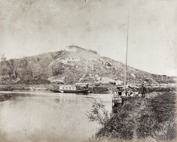 House on the hilltop and two houseboats, South China