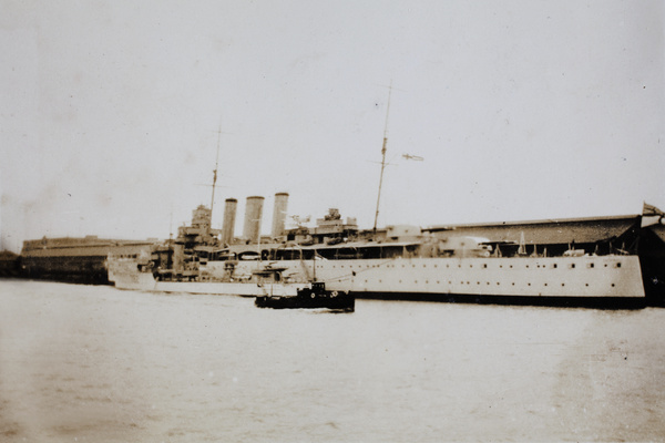 HMS Cumberland, with a destroyer and a tug, Shanghai, 1932