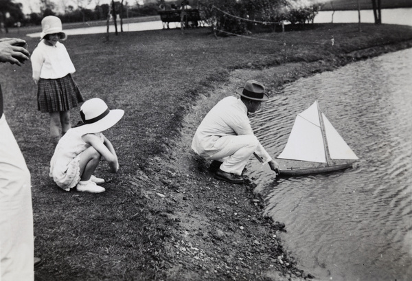 Marjorie Ephgrave and Peggie Clements at a model boating pond, Shanghai