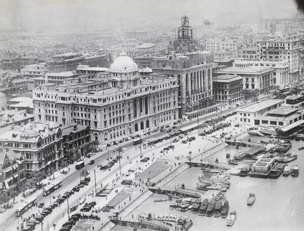 Aerial view of Bund, Hongkong and Shanghai Banking Corporation, and Custom House, Shanghai