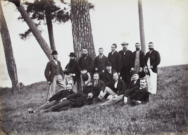 Group photographed among Scotch fir trees, Fuzhou, 1 January 1870