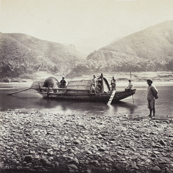 A Rapid Boat and crew, beside a river bank, Fujian