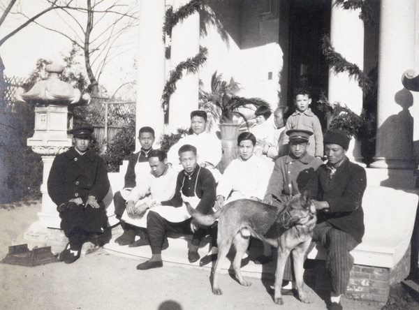 Chinese servants with Wendy and Sidney Johnson, and Rex, 727 Avenue Haig, Shanghai