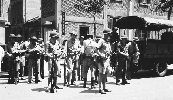 Shanghai Volunteers Corps on guard duty, Shanghai, August 1937