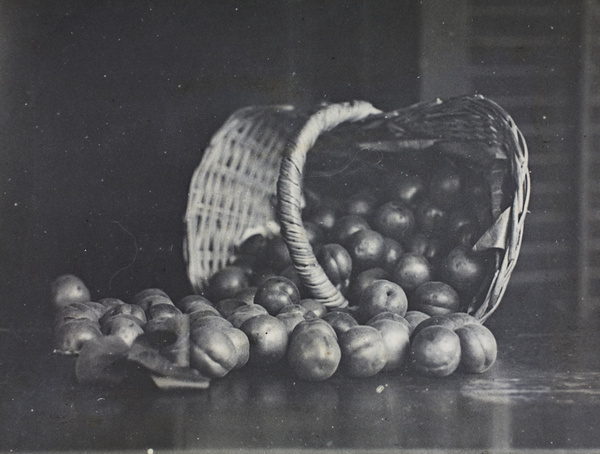 Still life with plums and basket
