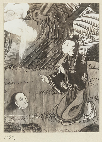 Mural detail in Pu du dian at Yi li miao showing a figure and a disembodied head