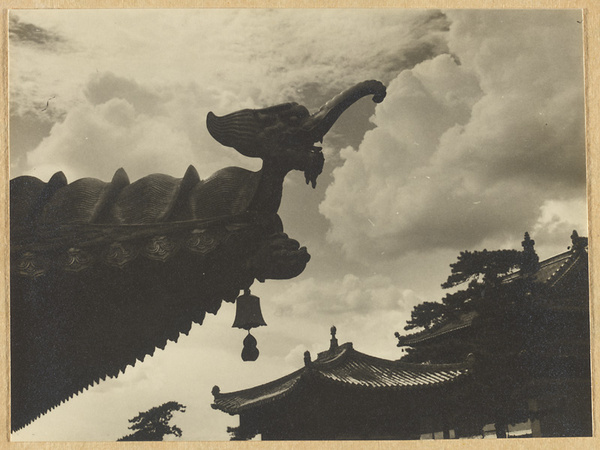 Detail showing double-eaved roof of Miao gao zhuang yan dian with a sea elephant and a bell