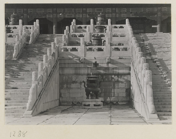 Detail of south facade of Tai he dian showing marble stairs and bronze incense burners
