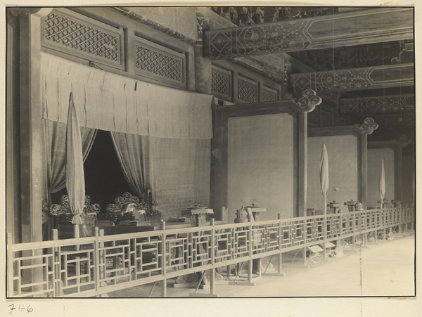 Interior view of a hall at Tai miao showing partitioned spaces with thrones