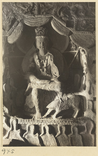 Interior of Cave 6 at Yun'gang showing a Bodhisattva and an animal