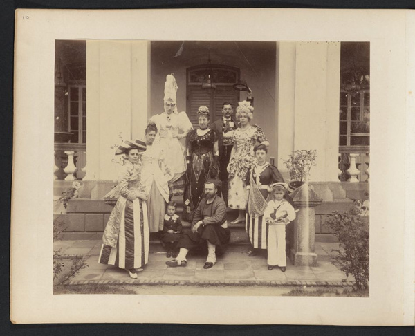 Group of people, including two children, dressed for costume party, Canton