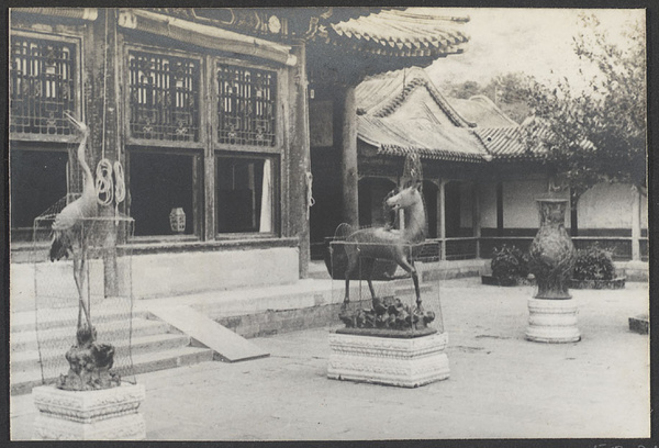 Summer Palace.  [Facade detail of Luo shou tang and courtyard with bronze crane, deer, and vase.]