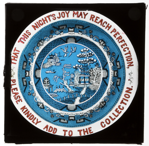 A willow pattern plate on a lantern slide - raising funds for missionary work