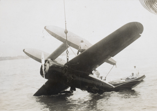 Hoisting the Lindbergh’s plane from the Yangtse River, Hankow (Wuhan)