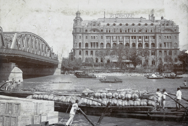Water transport of goods, by Garden Bridge and Astor House Hotel, Shanghai