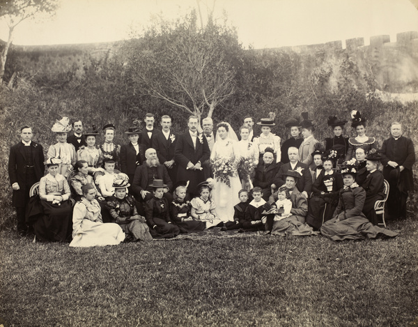 The Reverend and Mrs James Beattie, with guests, on their wedding day, 1900