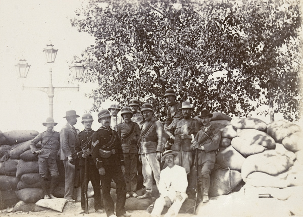 Tientsin Volunteers and a barricade on the Bund, Tianjin, during the siege, 1900