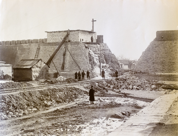 Railway cut through city wall, Peking, 1900