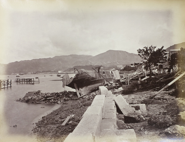 The wreck of H.M.S. Flamer and other damage caused by the 1874 typhoon, Praya, Hong Kong