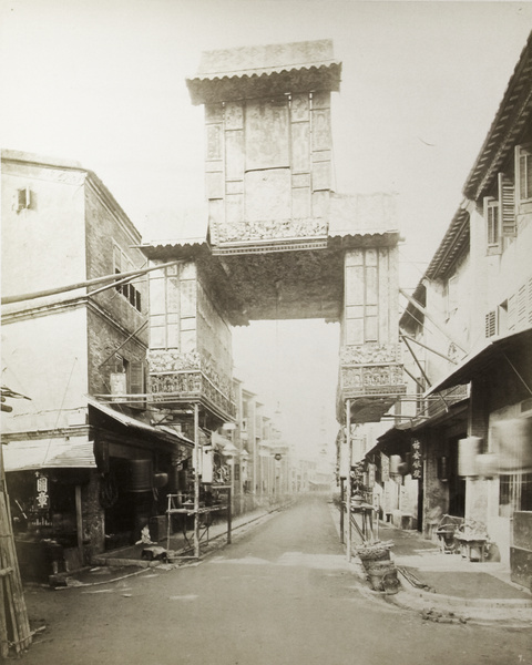 A Chinese street and the temporary decorative gateway, Hong Kong