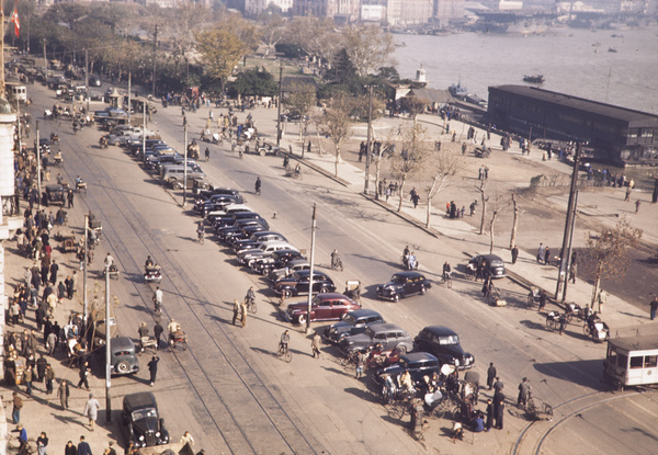 Parked cars, the Bund, Shanghai, 1945