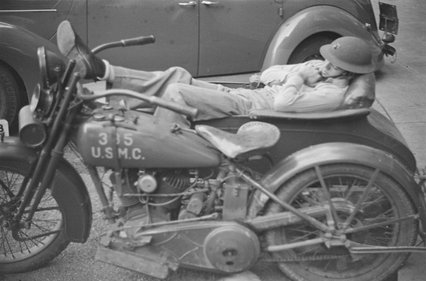 American Marine napping in motorcycle sidecar, Shanghai