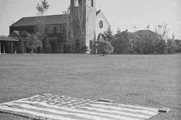 An American flag placed on the lawn, campus of St. Mary’s Hall (圣玛利亚女中), Shanghai