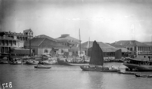 Junks and Butterfield and Swire frontage on Yangtze River, Hankow